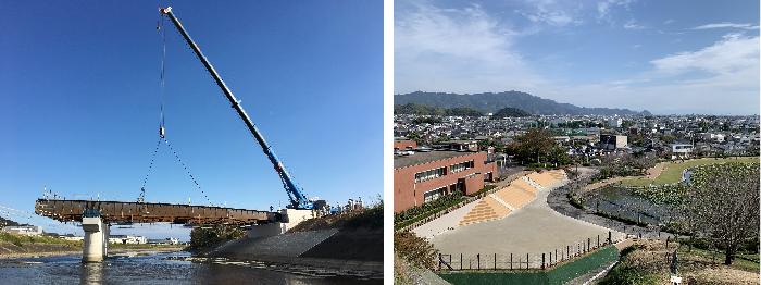 橋の工事写真（左）と蓮華寺池公園写真（右）